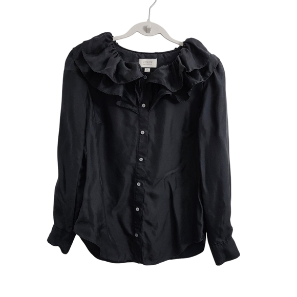 J. Crew Collection Blouse Womens XS Black Ruffle‎ Neck Silk Twill Top Button-Up - Picture 1 of 8